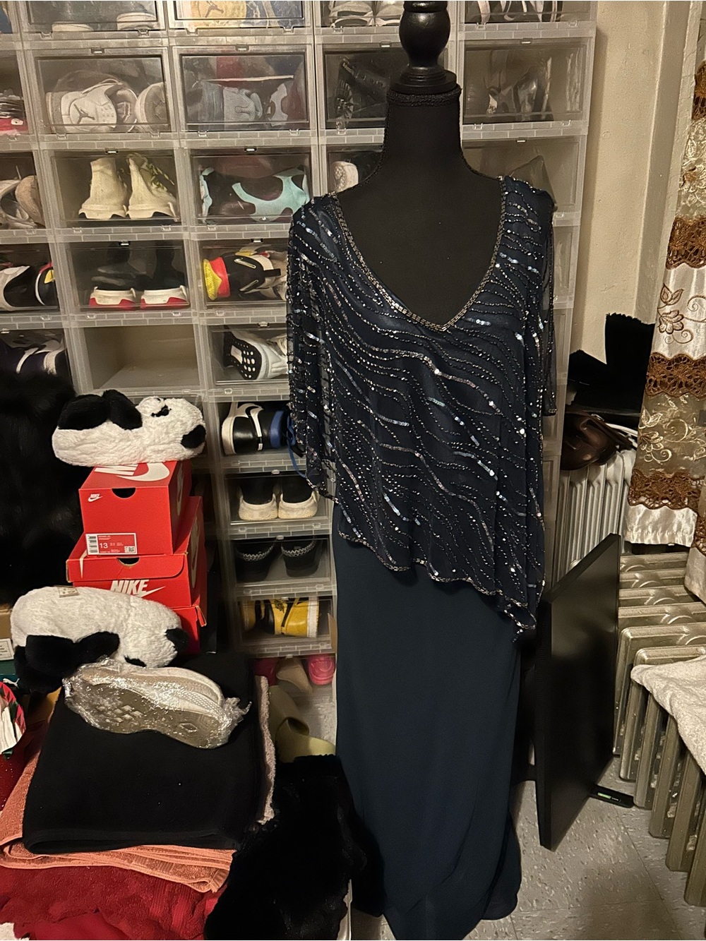 J Kara Navy Beaded Evening Dress with Metallic Accents